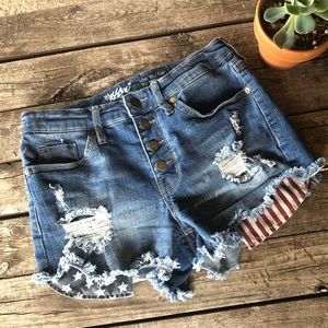 Distressed high rise button fly flag denim shorts